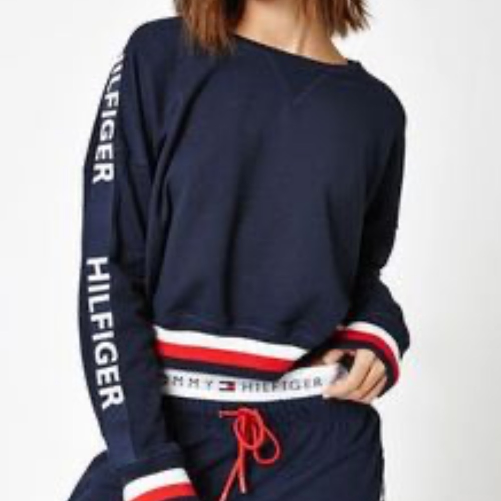 Navy Cropped Tommy Hilfiger Striped Sweatshirt
